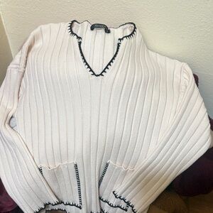 Women's V-Neck Cream Sweater with Black Accents
